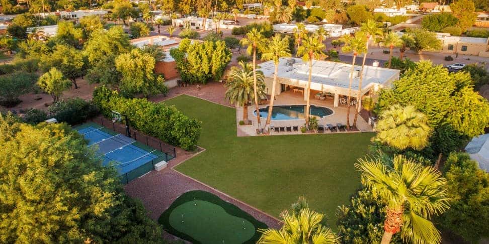 Fore aerial view overlooking a golf style vacation rental in Scottsdale Arizona