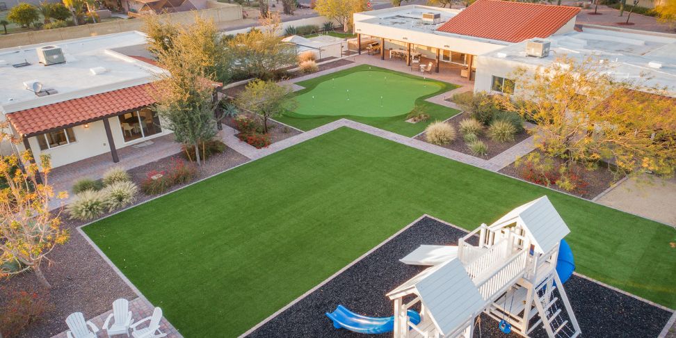 outside aerial view of a large vacation rental in Scottsdale with two houses